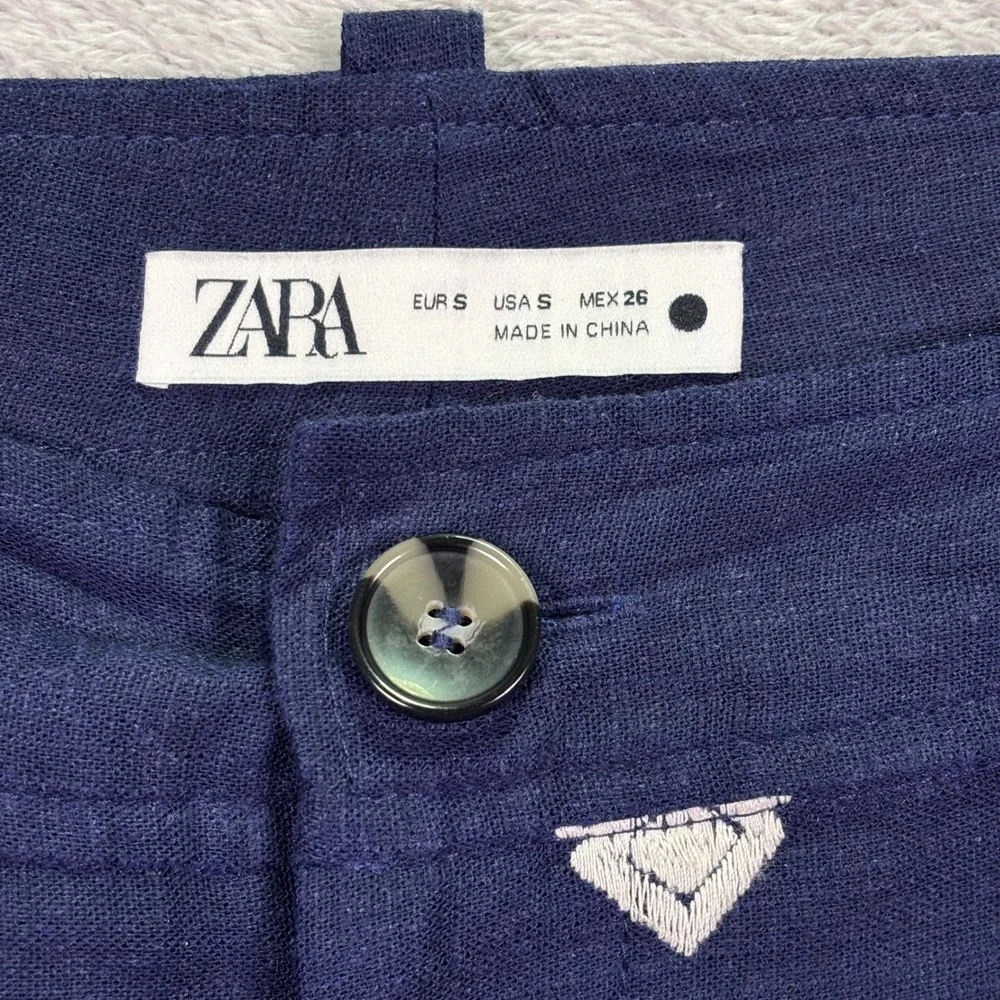Zara Women Culottes‎ Small Navy Blue Embroidered Linen Blend High Rise Wide Leg